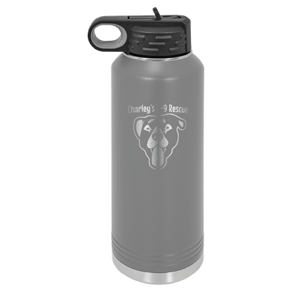 Dark gray 40 oz water bottle laser engraved  tumbler featuring the Charley's K9 Rescue logo