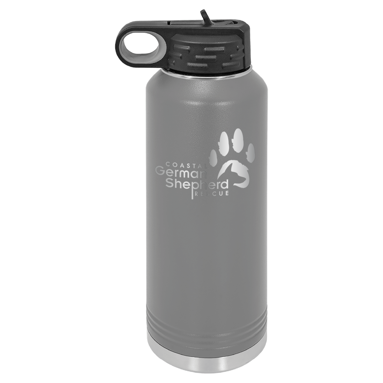 Dark gray 40 ounce laser engraved water bottle, featuring the with the Coastal German Shpherd Rescue of Orange County logo