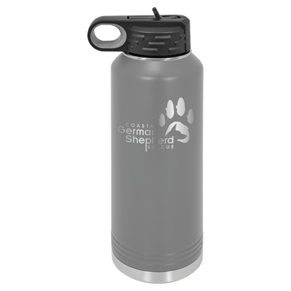 Dark gray 40 ounce laser engraved water bottle, featuring the with the Coastal German Shpherd Rescue of Orange County logo