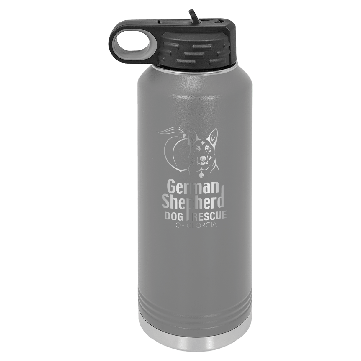 40 Oz Laser engraved water bottle featuring the German Shepherd Dog Rescue of Georgia, in dark gray