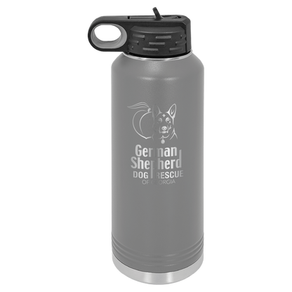 40 Oz Laser engraved water bottle featuring the German Shepherd Dog Rescue of Georgia, in dark gray