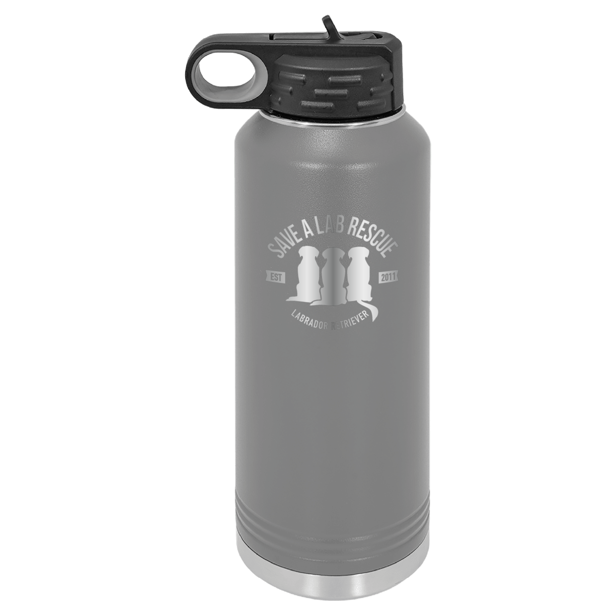 Dark Gray 40 Oz Laser engraved water bottle featuring the Save A Lab logo.