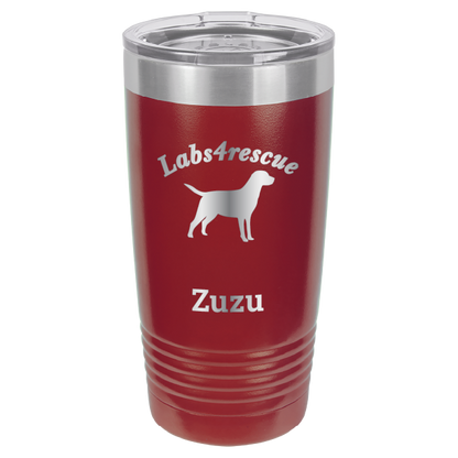 Maroon laser engraved 20 oz tumbler featuring the Labs4rescue logo and the name Zuzu. 