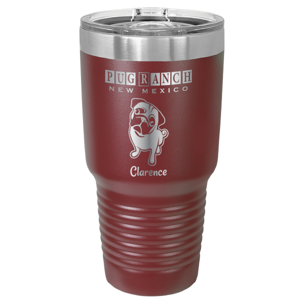 Laser engraved maroon tumbler featuring Pug Ranch NM: 30 oz