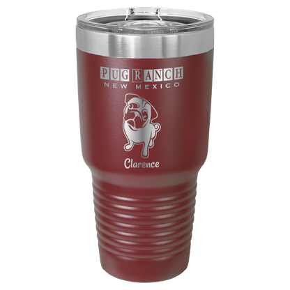 Laser engraved maroon tumbler featuring Pug Ranch NM: 30 oz