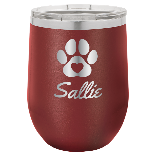 Laser engraved personalized wine tumbler featuring a paw print with heart, in maroon