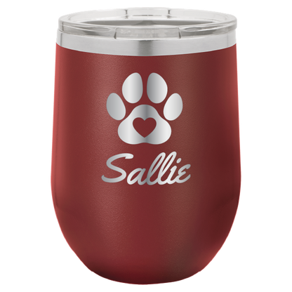 Laser engraved personalized wine tumbler featuring a paw print with heart, in maroon