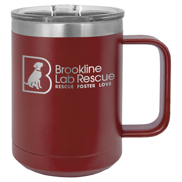 Maroon laser engraved 15 of coffee cup featuring the Brookline Lab Rescue logo