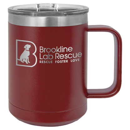 Maroon laser engraved 15 of coffee cup featuring the Brookline Lab Rescue logo