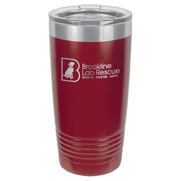 Maroon  laser engraved 20 ounce tumbler featuring the Brookline Lab Rescue logo