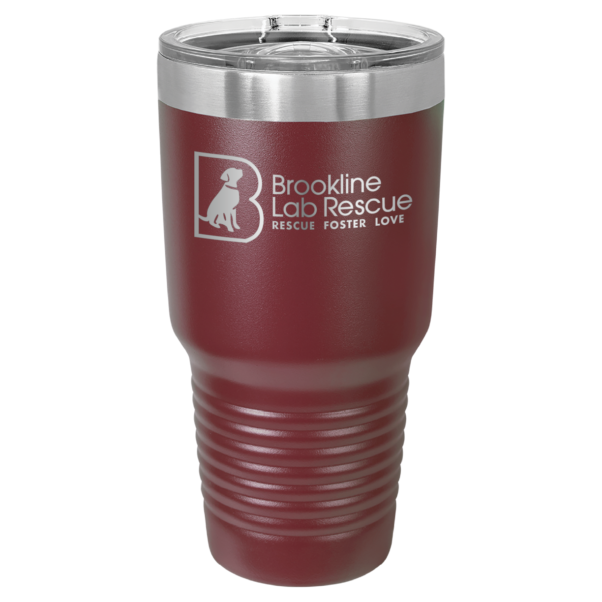 Maroon laser engraved 30 oz tumbler featuring the Brookline Lab Rescue logo