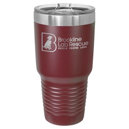 Maroon laser engraved 30 oz tumbler featuring the Brookline Lab Rescue logo