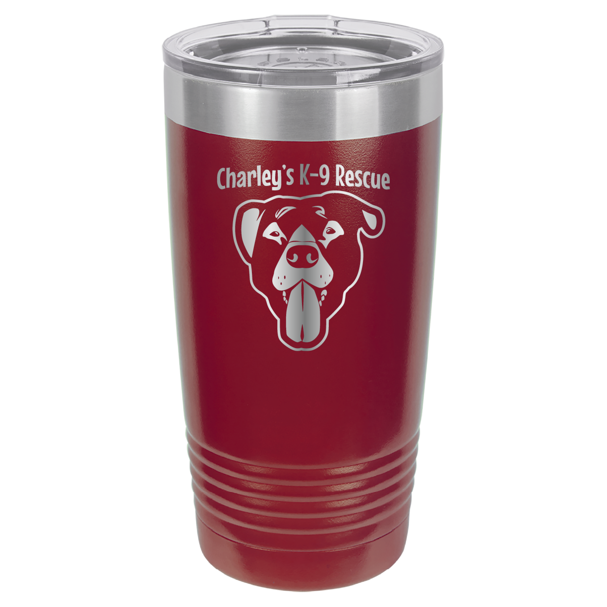 Maroon 20 ounce tumbler laser engraved  tumbler featuring the Charley's K9 Rescue logo