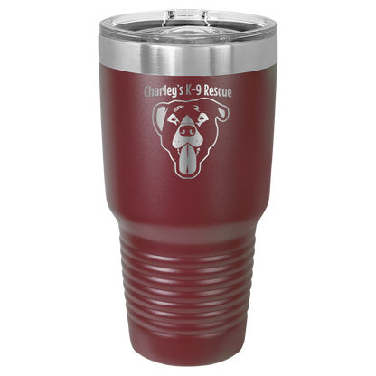 Maroon 30 oz tumbler laser engraved  tumbler featuring the Charley's K9 Rescue logo