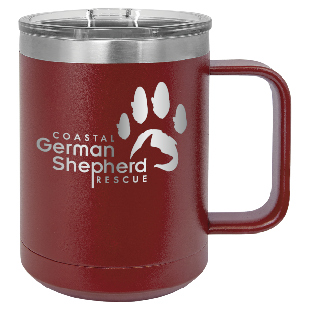 Maroon 15 ounce laser engraved coffee mug, featuring the with the Coastal German Shpherd Rescue of Orange County logo