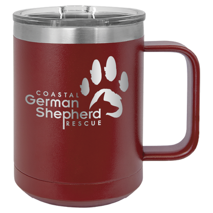 Maroon 15 ounce laser engraved coffee mug, featuring the with the Coastal German Shpherd Rescue of Orange County logo