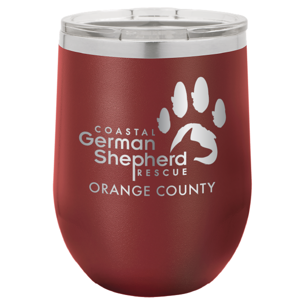 12 oz Wine tumbler laser engraved with the Coastal German Shepherd Rescue of Orange County logo, in maroon