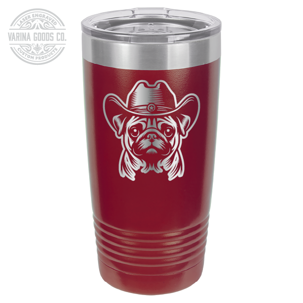 Maroon Cowboy Pug laser engraved 20 oz tumbler.