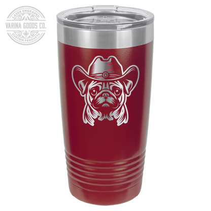 Maroon Cowboy Pug laser engraved 20 oz tumbler.