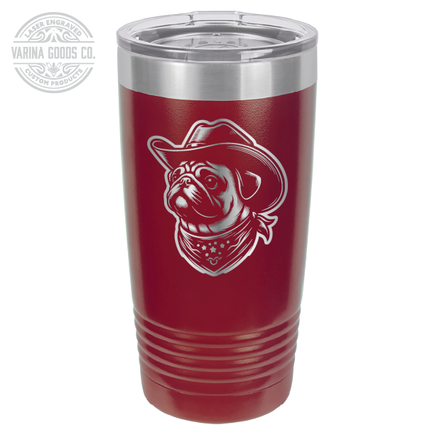 Cowboy Pug with bandana 20 laser engraved tumbler, in maroon