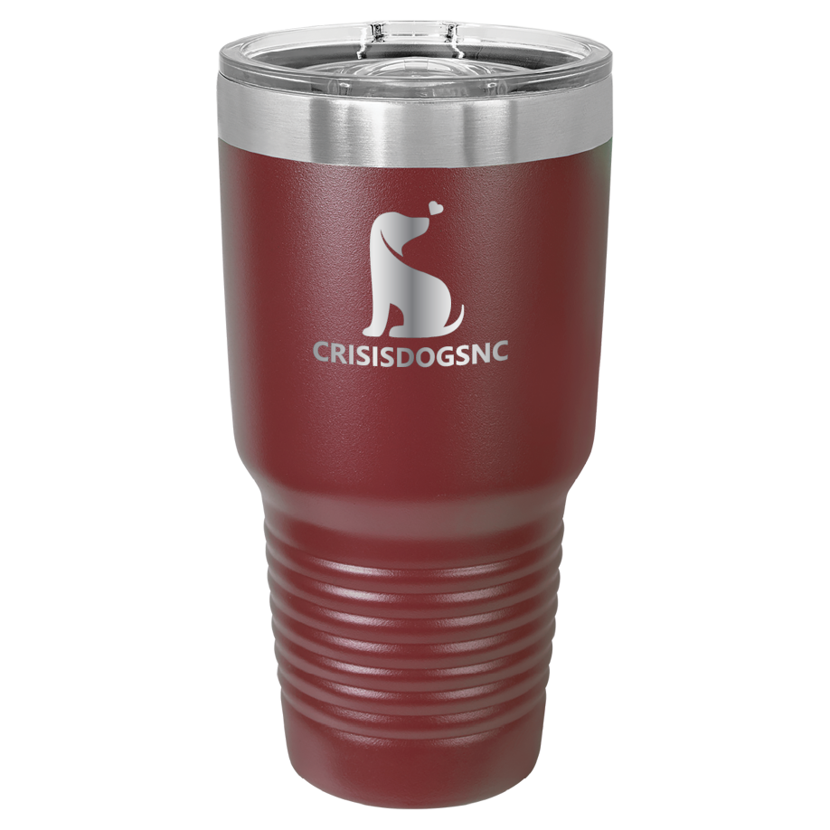 Marron 30 oz laser engraved tumbler with the Crisis Dogs NC logo.