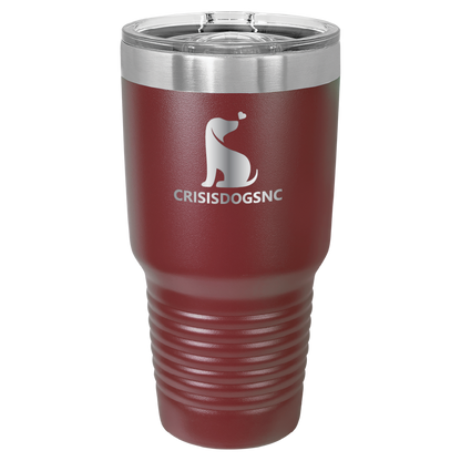 Marron 30 oz laser engraved tumbler with the Crisis Dogs NC logo.