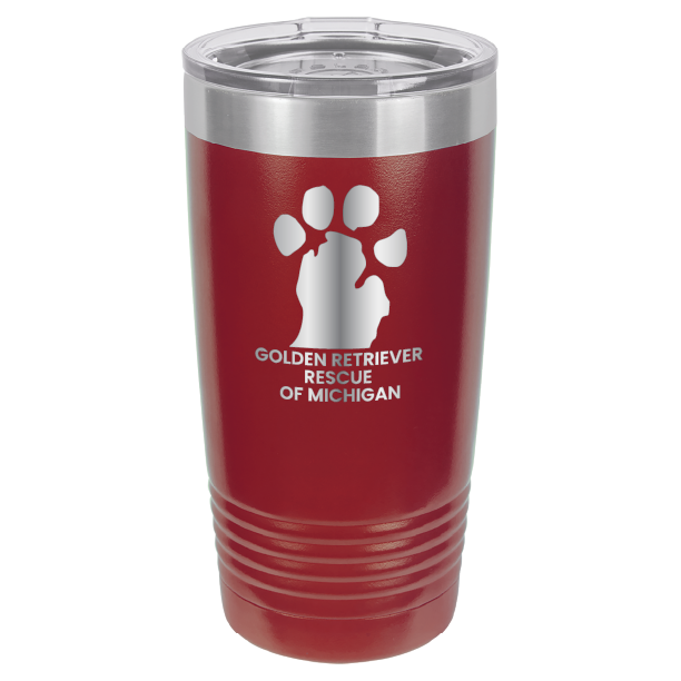 Maroon 20 Oz laser engraved tumbler with the Golden Retriever Rescue of Michigan logo