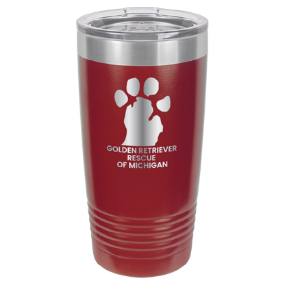 Maroon 20 Oz laser engraved tumbler with the Golden Retriever Rescue of Michigan logo