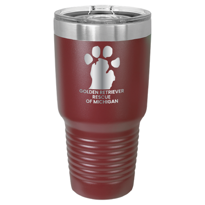 Maroon 30 laser engraved tumbler featuring the Golden Retriever Rescue of Michigan logo