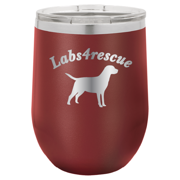 12 oz laser engraved wine tumbler with the labs4rescue logo, in maroon