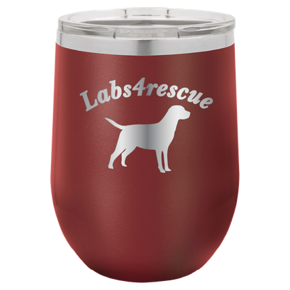 12 oz laser engraved wine tumbler with the labs4rescue logo, in maroon