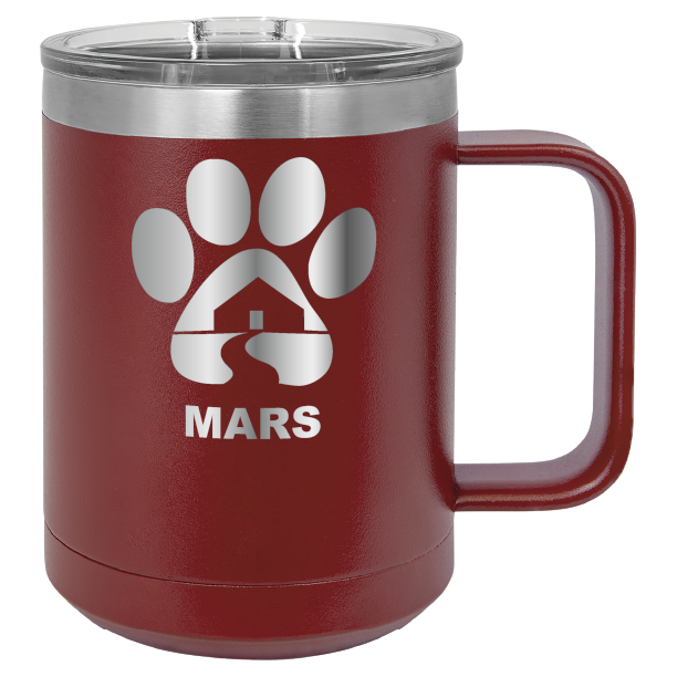 Maroon 15 ounce laser engraved coffee mug with the Midwest Animal Rescue & Services (MARS) logo.