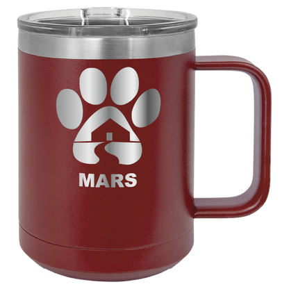 Maroon 15 ounce laser engraved coffee mug with the Midwest Animal Rescue & Services (MARS) logo.