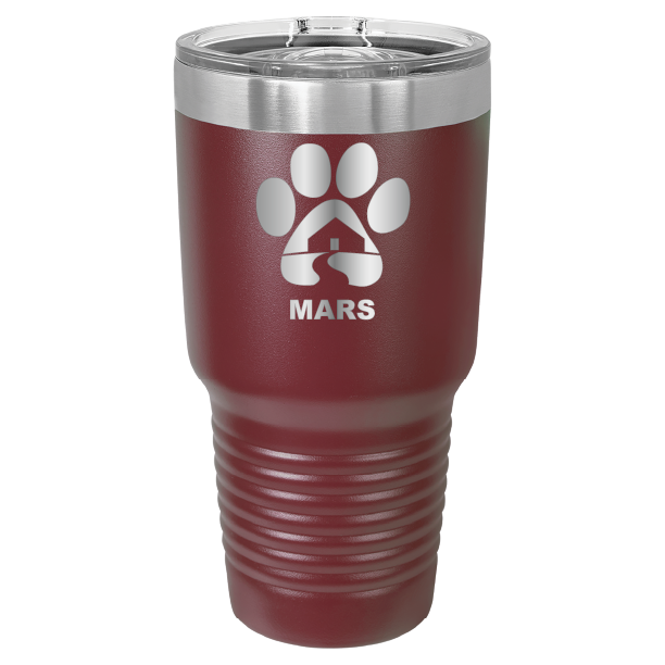 Maroon 30 ounce laser engraved tumbler with the Midwest Animal Rescue & Services (MARS) logo.