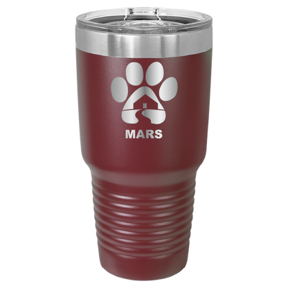 Maroon 30 ounce laser engraved tumbler with the Midwest Animal Rescue & Services (MARS) logo.