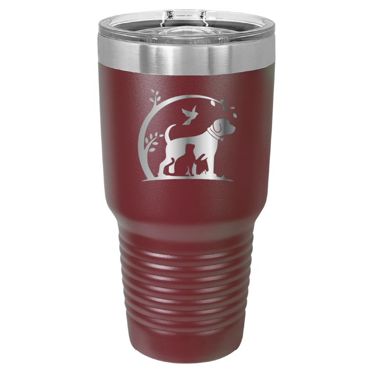 Maroon 30 oz laser engraved tumbler featuring the No Critter Left Behind logo