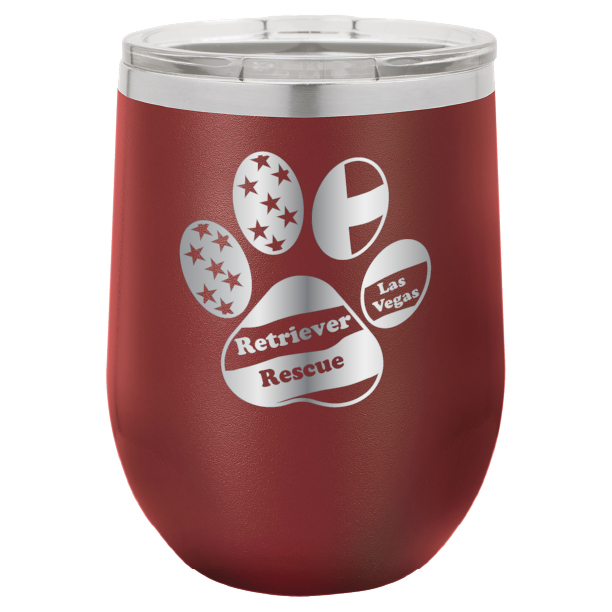 Maroon laser engraved wine tumbler with the logo of retriever rescue of Las Vegas