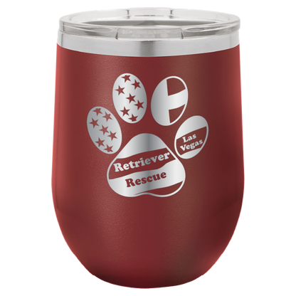 Maroon laser engraved wine tumbler with the logo of retriever rescue of Las Vegas