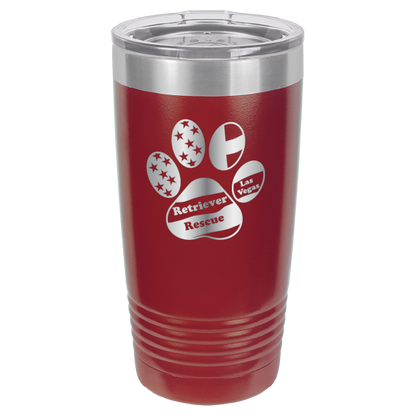 Maroon laser engraved 20 tumbler featuring the Retriever Rescue of Las Vegas logo