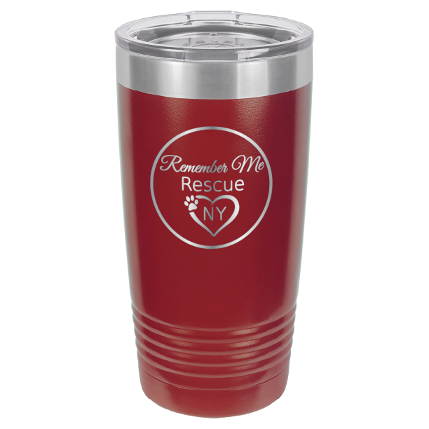 Maroon  laser engraved 20 tumbler featuring the logo of Remember Me Rescue NY