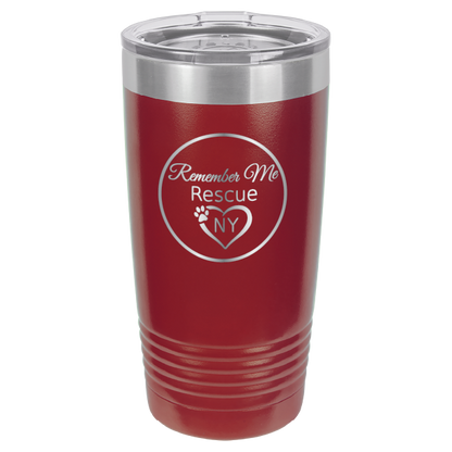 Maroon  laser engraved 20 tumbler featuring the logo of Remember Me Rescue NY