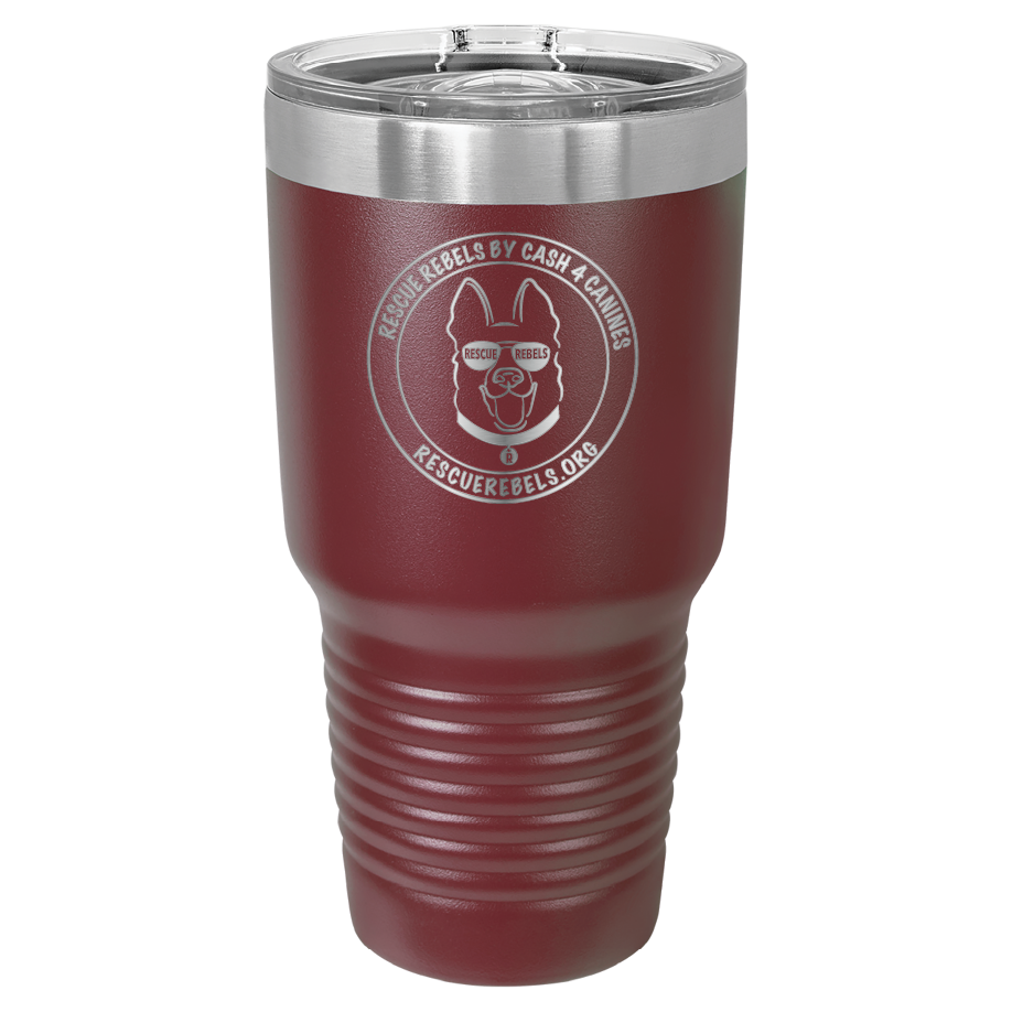 Maroon 30 oz tumbler laser engraved  water bottle featuring the Rescue Rebels logo