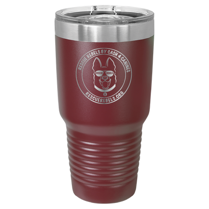 Maroon 30 oz tumbler laser engraved  water bottle featuring the Rescue Rebels logo