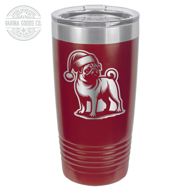 Pug wearing a Santa hat, 20 oz laser engraved tumbler, in maroon