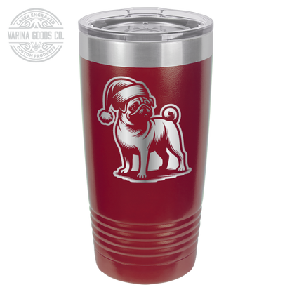 Pug wearing a Santa hat, 20 oz laser engraved tumbler, in maroon