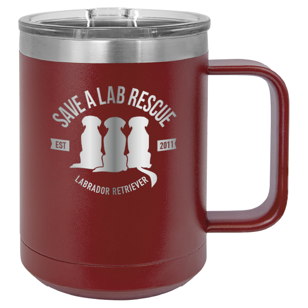 Maroon 15 oz laser engraved coffee cup featuring the Save A Lab Rescue logo.