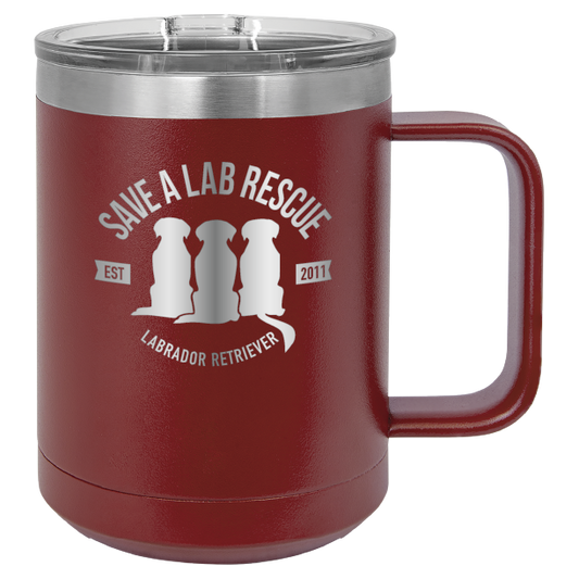 Maroon 15 oz laser engraved coffee cup featuring the Save A Lab Rescue logo.