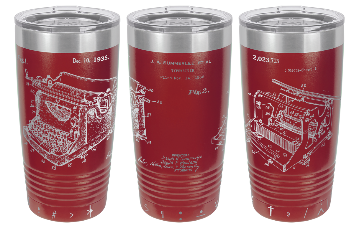 Vintage typewriter patent laser engraved on a maroon stainless steel tumbler