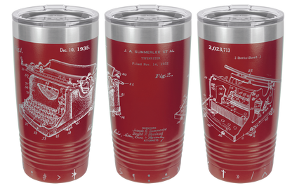 Vintage typewriter patent laser engraved on a maroon stainless steel tumbler