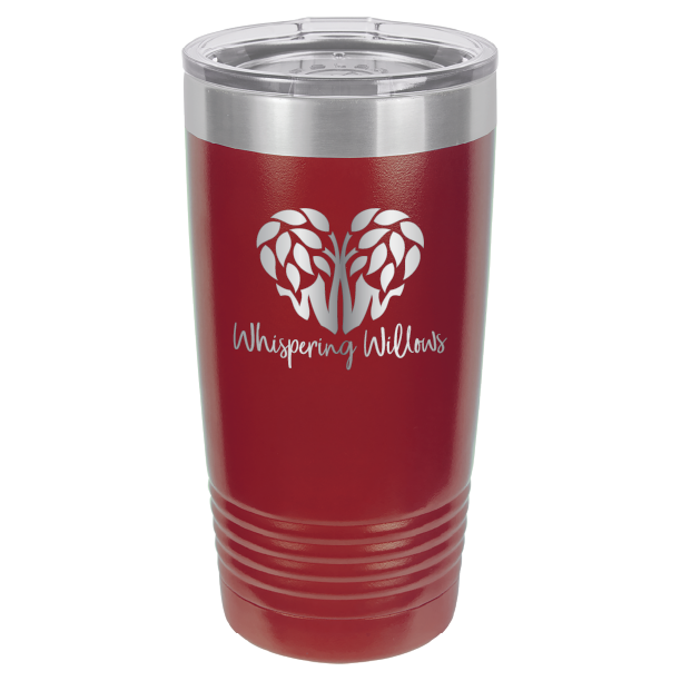 Maroon laser engraved 20 oz tumbler featuring the Whispering Willows logo.